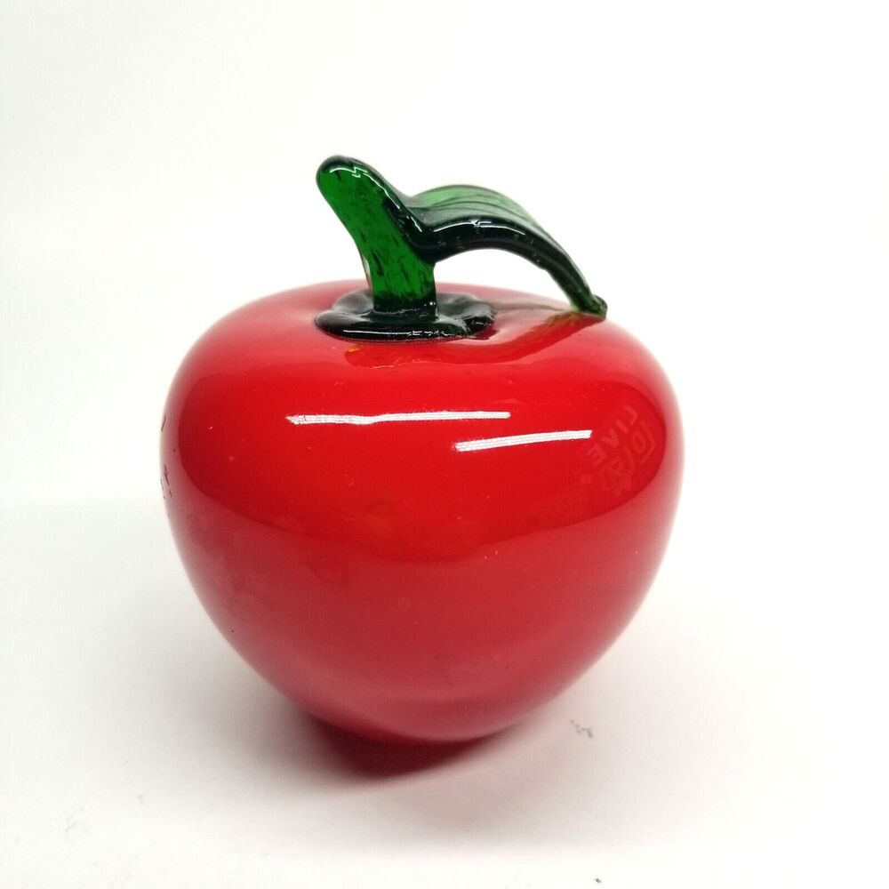 Blown Art Glass Apple Fruit Red Green Stem Paperweight Desk Decor 3.5"